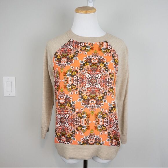 𝅺J Crew Factory Womens Size Small Orange Floral Woven Panel Tan Sweater Merino - Picture 2 of 9